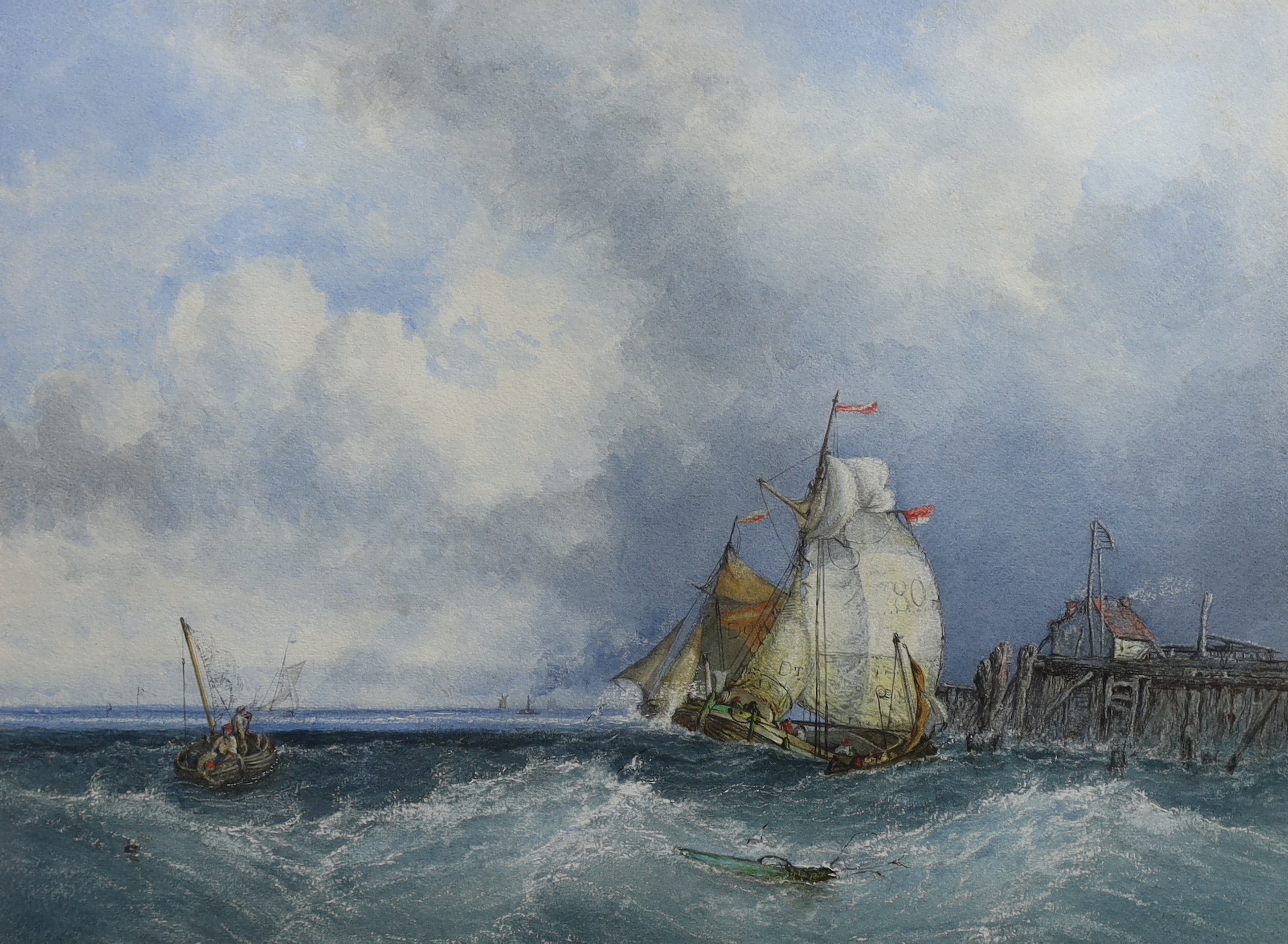 James Webb (English, 1825-1895), 'Off Dunkerque', watercolour, 35 x 47cm, housed in a later frame but with the original frame and label retained